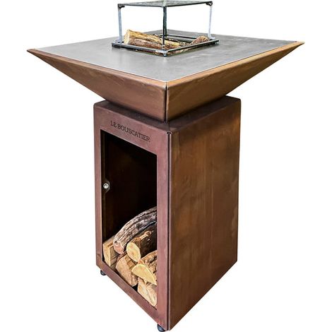 Brasero plancha en acier corten – Barbecue extérieur avec rangement bûches – Foyer 2mm avec tirage d'air – Surface cuisson 0,31 m² – Hauteur 76 cm