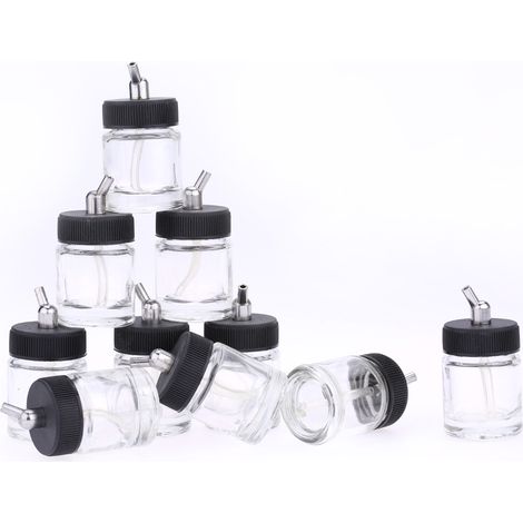 Bouteilles en verre pour aérographe, 10 pièces, bouteilles pour aérographe (pots) avec adaptateur d'angle de 30 °, assemblage de couvercle à utiliser sur les aérographes (1/5)