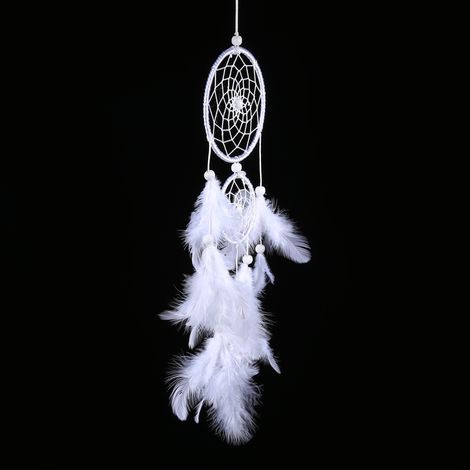 Carillon éolien attrape-rêves blanc style indien perles et pendentif plume décoration murale ou de fenêtre (1/5)