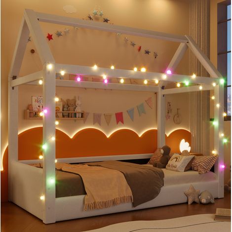 MEUBLIV Lit cabane 90x200 cm beige – LED, structure en MDF et lin, sans matelas (1/5)