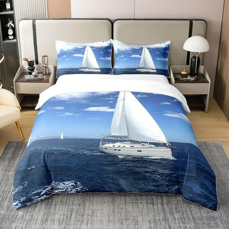 Cotton, Duvet Cover 220 x 240 cm, Sailing Boat, Teen Nautical Bedding Set, Sea Waves, Seascape Bedspread, Blue Decoration Soft and Breathable (1/5)