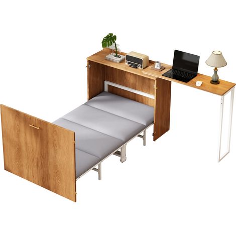 Lit escamotable avec bureau pivotant et matelas, lit-armoire peu encombrant avec roulettes, idéal pour les petits espaces, les chambres d’amis et le bureau à domicile (1/5)