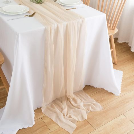 Chemin de table en gaze, tissu décoratif beige naturel, fin, décoration de table, anniversaire, mariage, 70 x 300 cm, champagne (1/5)