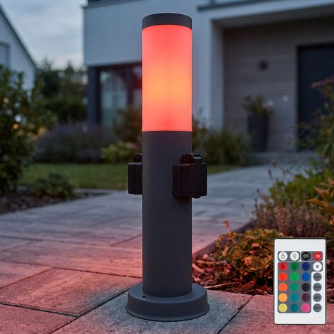 LED Sockelleuchte Außen Edelstahl mit 2 Steckdosen Wegeleuchte anthrazit Außenstehlampe dimmbar mit Fernbedienung, RGB Farbwechsel, 8,5W 806lm warmweiß, DxH 12,7x45 cm (1/5)