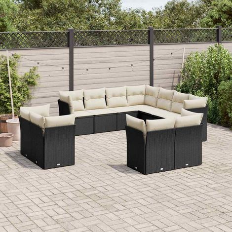 Ensemble salon jardin 11 pièces résine tressée noir avec coussins crème - 7 sièges d'angle + 4 centraux, rangement intégré, résistant aux intempéries (1/3)