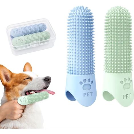 Lot de 2 brosses à dents pour chien - En silicone - Bleu/vert - Avec boîte de rangement - Soins dentaires pour chiens et chats de petite et moyenne taille - Pour enlever la plaque dentaire quotidienne (1/5)