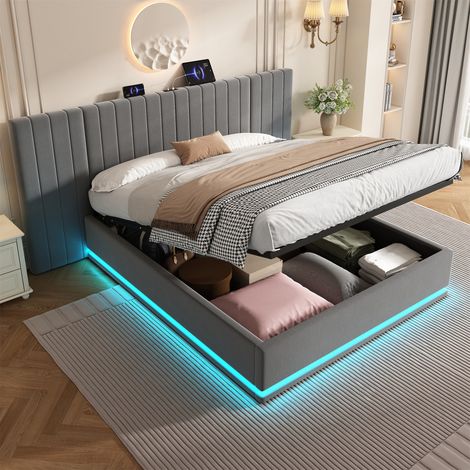 King Velvet Hydraulic Storage Bed with LED Lighting & Charging Station - 5ft Ottoman Bed Frame with Wide Channel Tufted Headboard, USB/Type-C Ports, Grey (No Mattress)