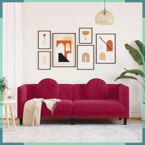 372646 Canapé avec coussins 3 places rouge bordeaux velours (1/5)