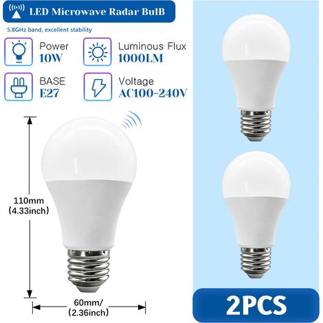 (2 unités, lumière naturelle 4000K) Ampoule radar à micro-ondes avec détecteur de mouvement, 10 W, 1000 lm, sans scintillement (1/5)