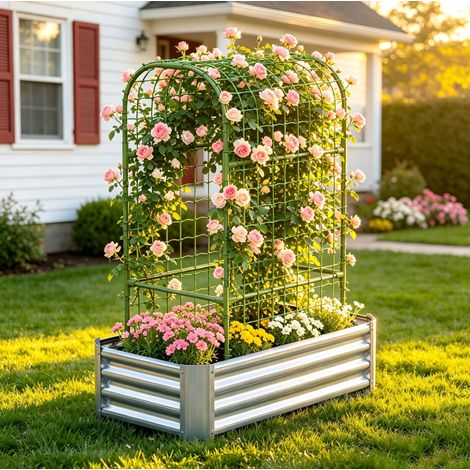Jardinera elevada 120x60x150 cm de metal plateado con enrejado para balcón – MEUBLIV (1/5)