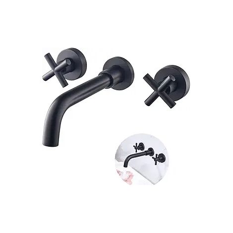 Robinier mural noir mat pour lavabo, 2 poignées croisées, mitigeur rotatif 360°, eau chaude/froide, encastrable, cuivre noir, finition premium (1/3)