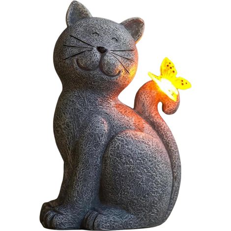 Statuette Chat Papillon - Énergie Solaire - Décor Extérieur Résistant Aux Intempéries - Pour Jardin Balcon Intérieur - Gris - 25 x 12 x 17 cm