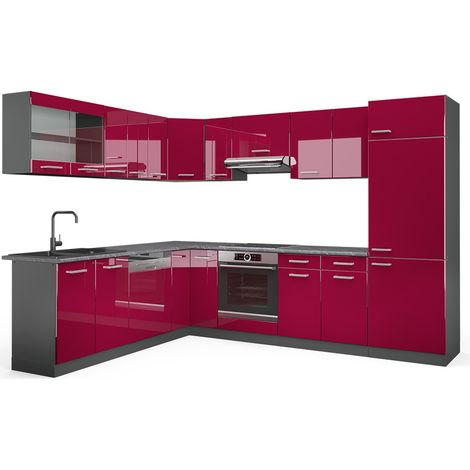 Cuisine en angle R-Line, Rouge brillant/Anthracite, 287x60cm , PT Anthracite, Vicco