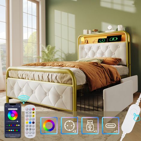 Lit Simple 90x200 cm en Velours Blanc avec 2 Tiroirs, LED et Chargeur USB-C (1/5)
