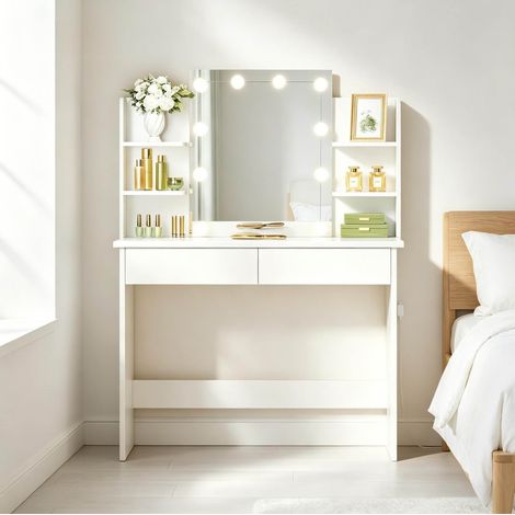 Coiffeuse avec miroir LED 90x40x135 cm en bois blanc, avec rangement pour chambre FloraGrace (1/5)