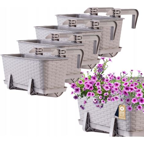 KADAX Jardinière Suspendue Extérieure 40 cm, Balconnière en Plastique Aspect Rotin avec Supports de Fixation Intégrés et Soucoupe (Caramel, Lot de 4) (1/5)