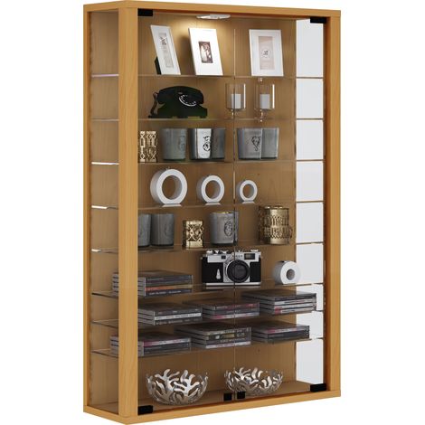 Vitrosa Mini Vitrinenschrank wandhängend mit 2 Glastüren und Licht Buche dekor.