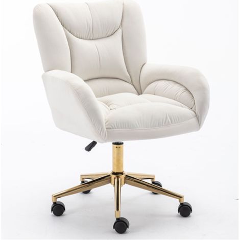 Full KD Velvet Fabric Material Adjustable Height Swivel Home Office Chair For Indoor Office With Gold Legs, Ivory (1/5)