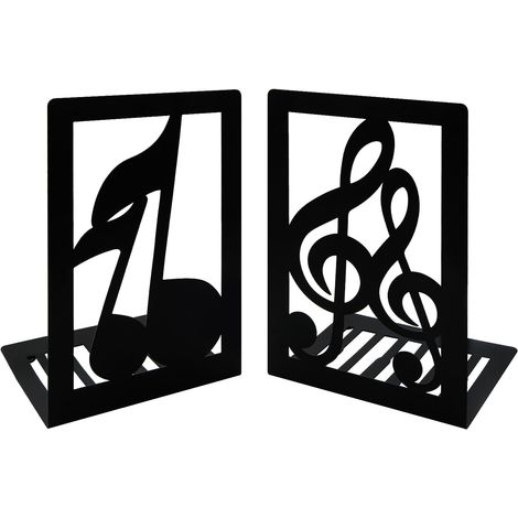 Paar schwarze Buchstützen aus Metall mit Notenmotiven zur musikalischen Dekoration im Büro, Zuhause und in der Schule
