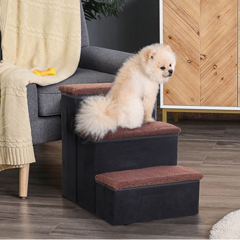 Escalera plegable para mascotas con almacenaje, 3 peldaños, MDF negro OKMYHOME (1/5)