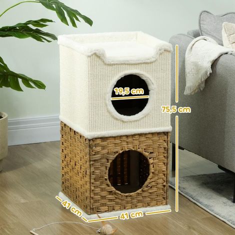 Tour chat 3 niveaux, niche cosy, griffoir sisal, structure stable, couleur crème (1/5)