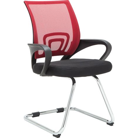 Silla de oficina de recepción sin ruedas respaldo de malla con reposabrazos rojo BUR10503