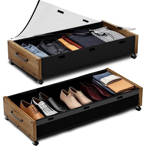 Boîte de rangement sous lit avec roulettes, lot de 2 conteneurs de rangement en bois extra grands pour chaussures, tiroirs de rangement sous lit à roulettes avec couvercle transparent, robustes pour (1/5)