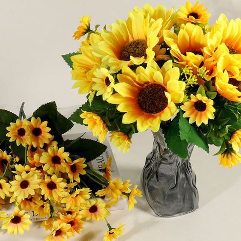 Set mit 2 realistischen künstlichen Sonnenblumen, große Sonnenblumen mit sichtbaren Stielen, künstlicher Sonnenblumenstrauß zur Dekoration, künstliche gelbe Blumen (1/5)