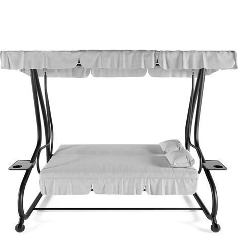 Dondolo 3 Posti Reclinabile Madeira Tettuccio Parasole Regolabile Cuscini Imbottiti Diventa Letto Struttura Robusta In Acciaio Verniciato Giardino Esterno Balcone Terrazzo 200 x 120 x 160 cm Beige - C