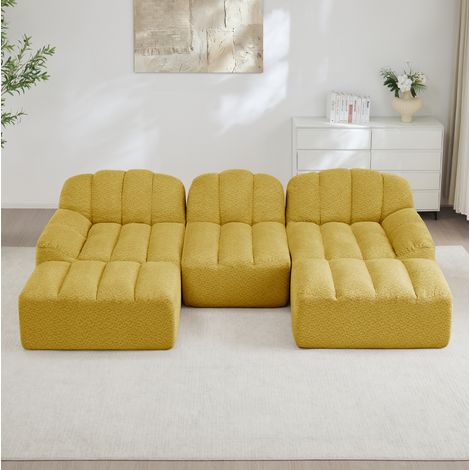 Divano modulare a U 3 posti con 2 pouf, schiuma 32D, giallo (1/5)