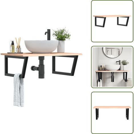 The Living Store Waschtischplatte mit Halterung Stahl und Massivholz Eiche - Wandhalterung
