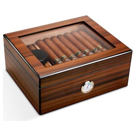 Humidor en Verre Artisanal boîte de Rangement de Bureau en Bois de cèdre avec diviseur, humidificateur et hygromètre, Brun