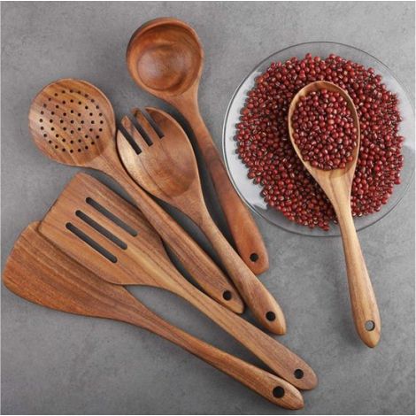 Batterie de cuisine en bois, 6 pièces, ustensiles de cuisine, ustensiles de cuisine antiadhésifs, spatule, fourchette, spatule à (1/5)