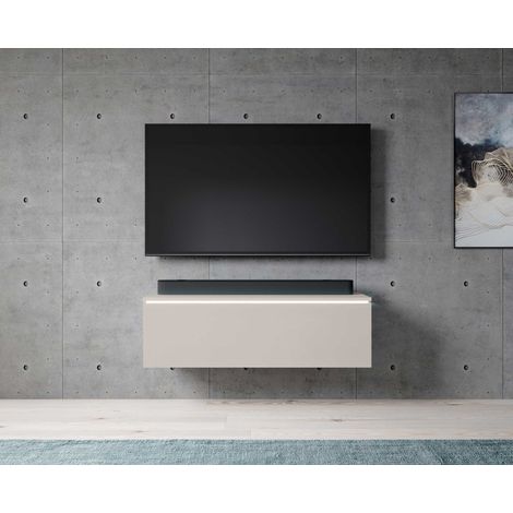 Commode TV basse 100 cm – Éclairage LED moderne – 2 étagères avec porte push-click – Meuble TV élégant beige – Furnix