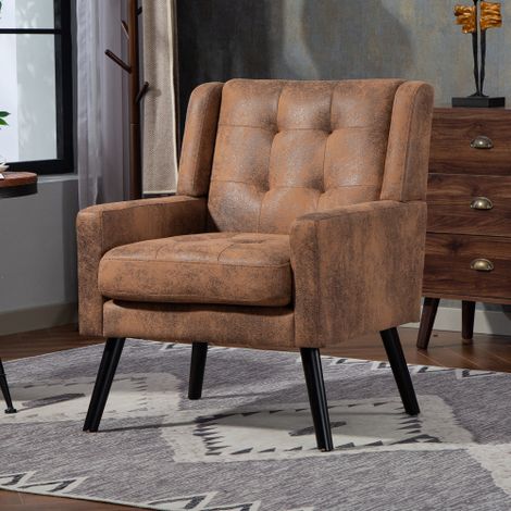 Fauteuil capitonné en daim à boutons – Fauteuil moderne du milieu du siècle avec coussin en mousse haute densité et pieds en bois massif, idéal pour les petits espaces : salon, chambre, bureau