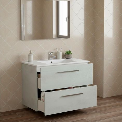 Mobile Mobiletto Bagno Sospeso Con 2 Cassettoni Soft Close Con Lavandino Lavabo In Ceramica Specchio E Led Da 30 Cm Design Moderno Nordico 57 x 80 x 45 Cm Colore Cemento Laccato - Set: Mobile Lavabo S (1/5)