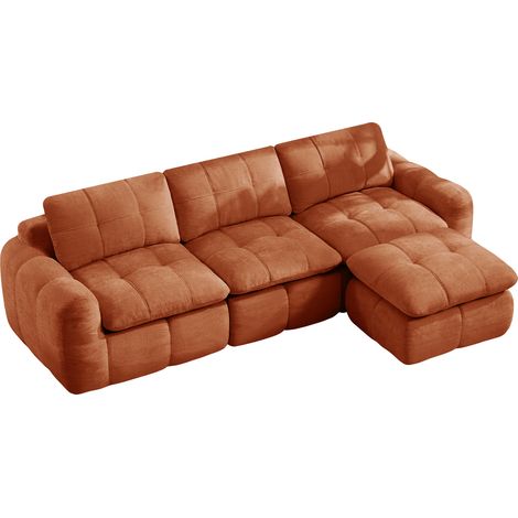 Divano modulare L 3 posti in ciniglia arancione, con pouf, 264x160x68 cm (1/5)