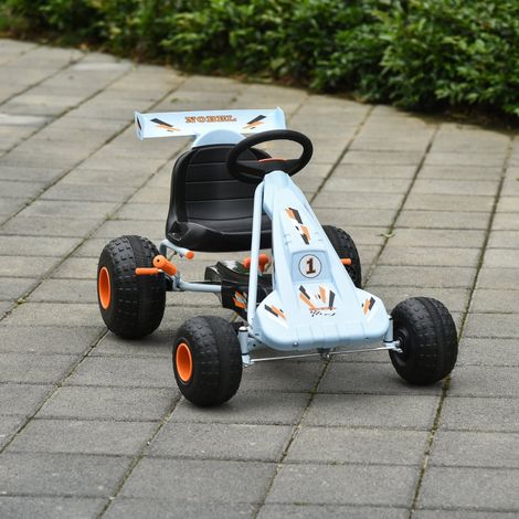 Voiture à pédales pour enfants dès 3 ans, châssis en acier bleu clair, 97x66x59cm, siège ajustable, kart à propulsion manuelle