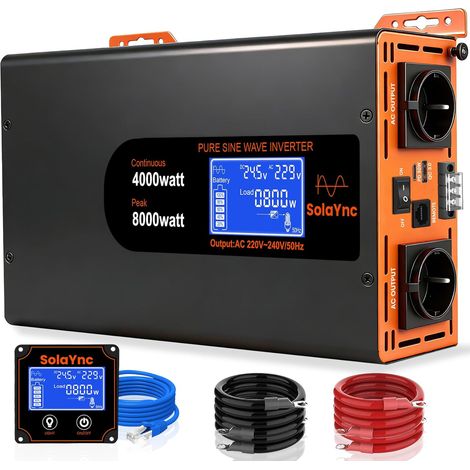 4000W/8000W Convertisseur 24V 220V/230V Pur Sinus avec écran LCD, télécommande, 2 Prises AC EU, Interface Type-C 30W et Port USB,pour Voitures, Bateaux, camions (1/5)