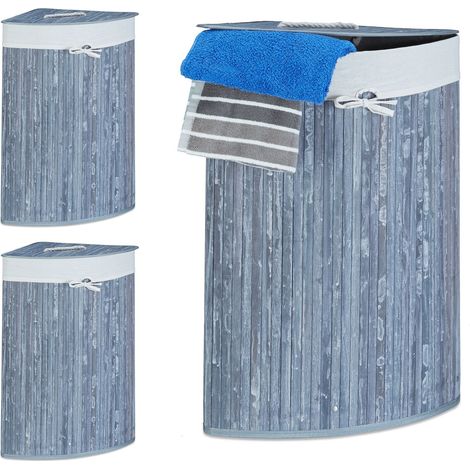 Panier à linge bambou, lot de 3, corbeille linge pliante, 60 L, sac intérieur coton, 65 x 49,5 x 37 cm, bleu