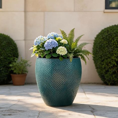 Grand pot de fleurs en céramique turquoise à losanges Ø46 cm (1/5)