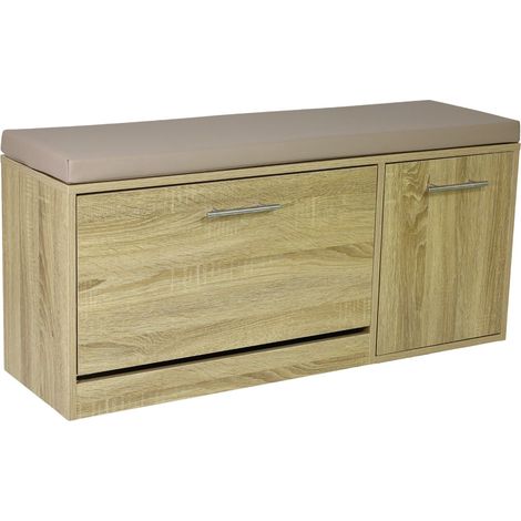 Marvin Scarpiera Panca da Ingresso con Anta Contenitore – Portascarpe Salvaspazio in Legno con Cuscino – Seduta e Anta a Ribalta per Cabina Armadio Corridoio o Camera Design 100x30x46 cm Rovere / Cusc