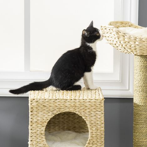 Arbre à chat de 100,5 cm de haut avec grotte à chats,lit et escaliers pour chats,poteaux à griffer en sisal et oreillers pour petits chats,naturel