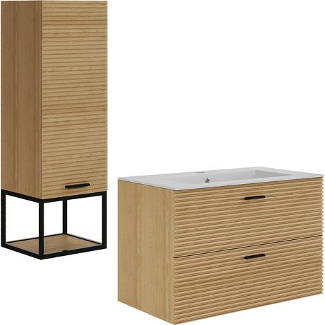 Mobile bagno sospeso striato con lavabo da incasso e colonna con nicchia - 2 cassetti - Naturale chiaro - 80 cm - SARONE (1/5)