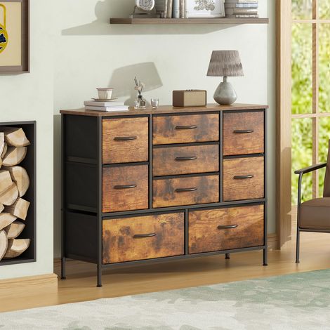 Kommode, Schrank, 9 Stoffkommode mit Metallrahmen und MDF-Holzplatte, verstellbare Füße, Kippsicherung, Aufbewahrungsschrank für Schlafzimmer, Wohnzimmer, Kleiderschrank, Braun (1/5)
