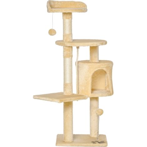 Indoor Cat Tree Activity Center 4-Tier 114cm Beige Condo with Climbing Scratching Post and Toys for Cats (1/5)