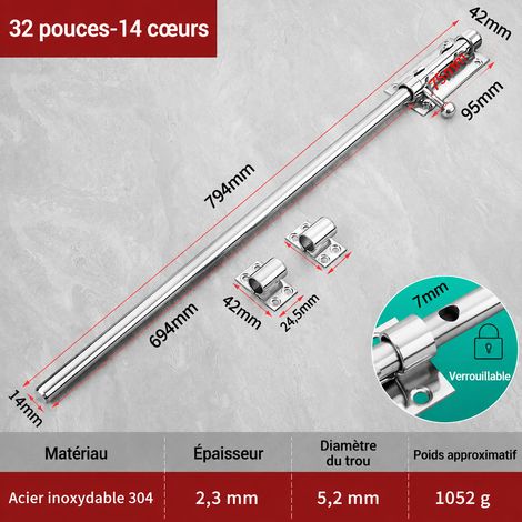 Verrou de porte 0,8 m tige 14 mm en acier inoxydable 304 avec trou pour cadenas 304 0.8 m14 82 × 8 × 5 cm 1,08 kg – Livraison gratuite