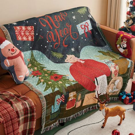 Couvertures De Noël Tissé Jetés Lit avec Gland Jacquard à Thème Tapisserie Chaud Jeté Décorative Canapé 160x130cm Coton (1/5)