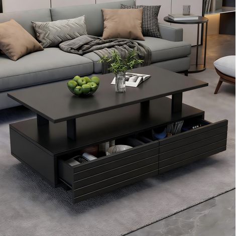Tavolo da caffè in acrilico nero con LED, rettangolare 100 cm, con 2 cassetti e ripiano (1/5)