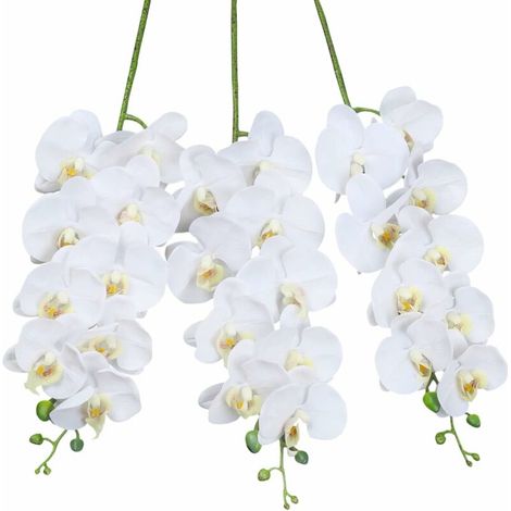 Artificial Orchid Stems Set of 3 PU Real Touch White Orchid 37 inch Tall 9 Big Blooms Fake Phalaenopsis Flower Home Wedding Decoration (3 PCS, White) (1/5)